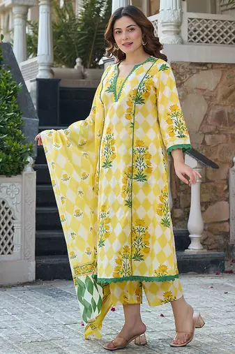  yellow floral and geometric anarkali lace-work kurta trouser dupatta set