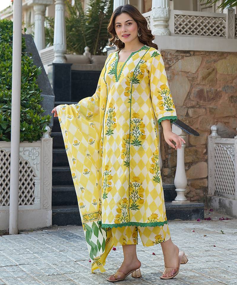 Yufta yellow floral and geometric anarkali lace-work kurta trouser dupatta set