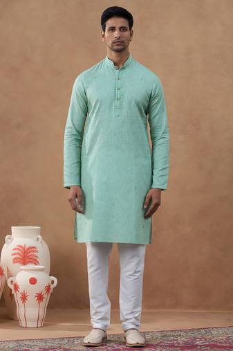 Green cotton silk plain kurta for men's