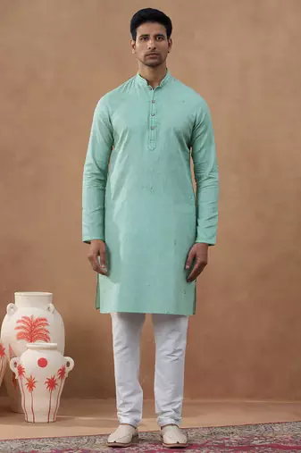 Green cotton silk plain kurta for men's