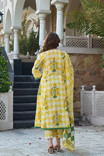  yellow floral and geometric anarkali lace-work kurta trouser dupatta set