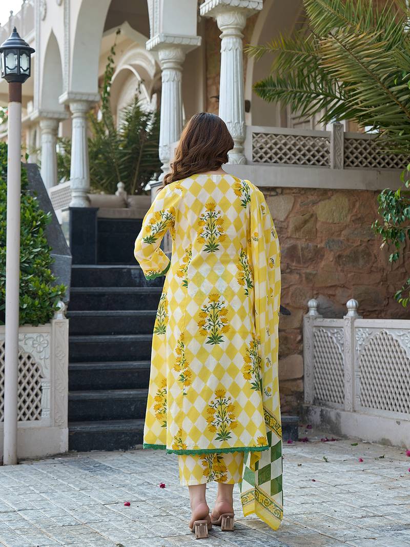 Yufta yellow floral and geometric anarkali lace-work kurta trouser dupatta set