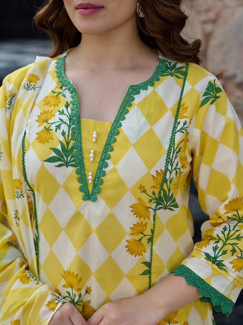 Yufta yellow floral and geometric anarkali lace-work kurta trouser dupatta set