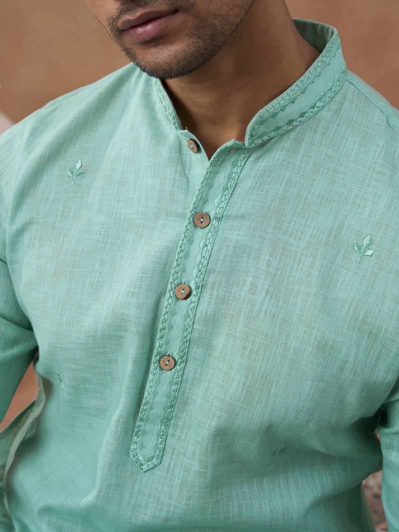 Green cotton silk plain kurta for men's