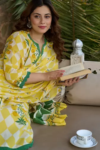  yellow floral and geometric anarkali lace-work kurta trouser dupatta set