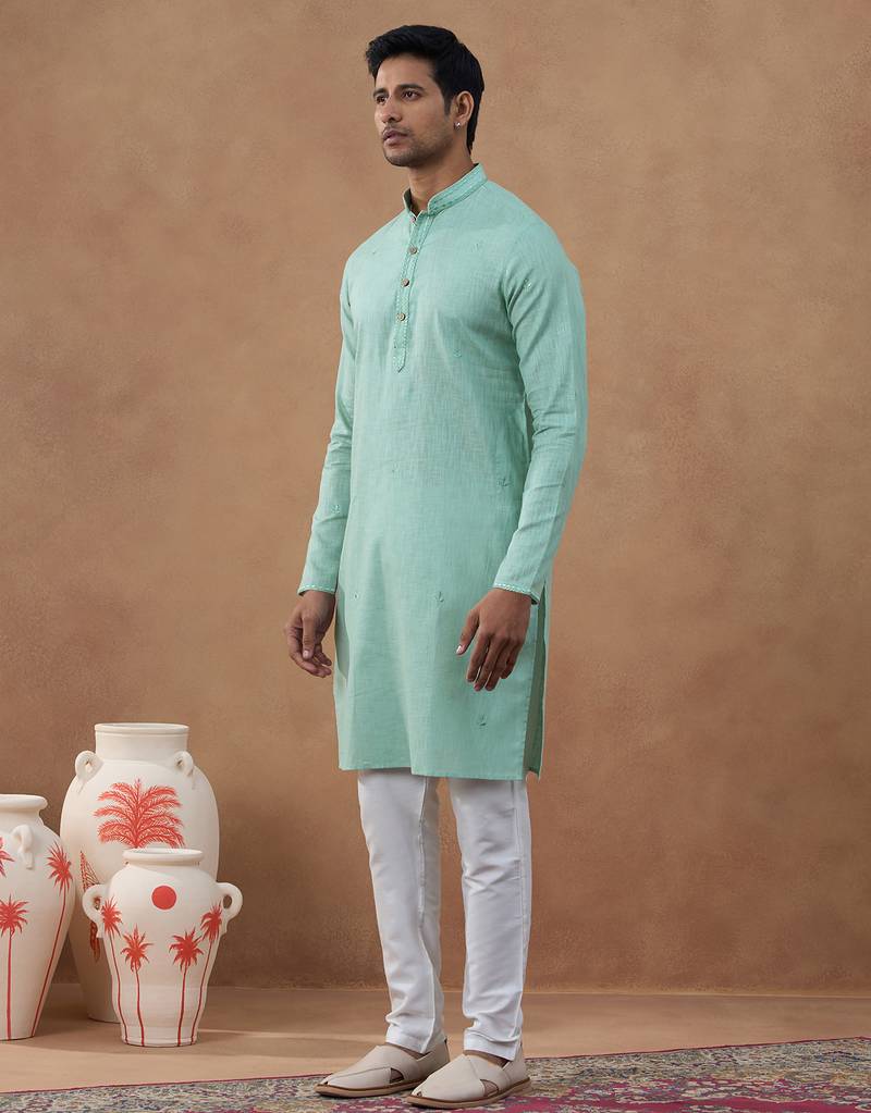 Green cotton silk plain kurta for men's