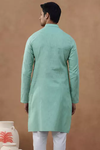 Green cotton silk plain kurta for men's