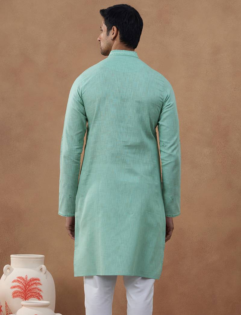 Green cotton silk plain kurta for men's