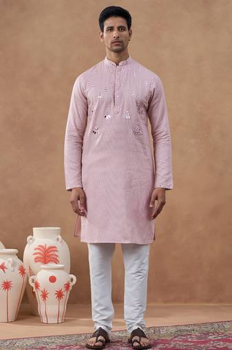 Pink cotton silk embroidered kurta for men's