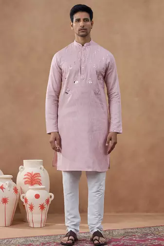 Pink cotton silk embroidered kurta for men's