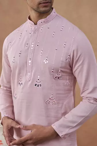 Pink cotton silk embroidered kurta for men's