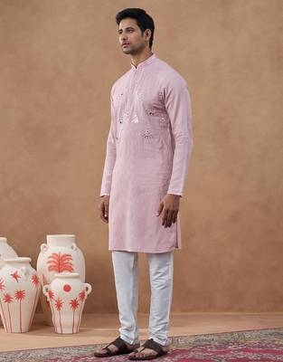 Pink cotton silk embroidered kurta for men's 3