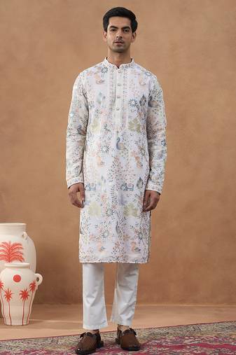 Beige cotton silk embroidered kurta for men's