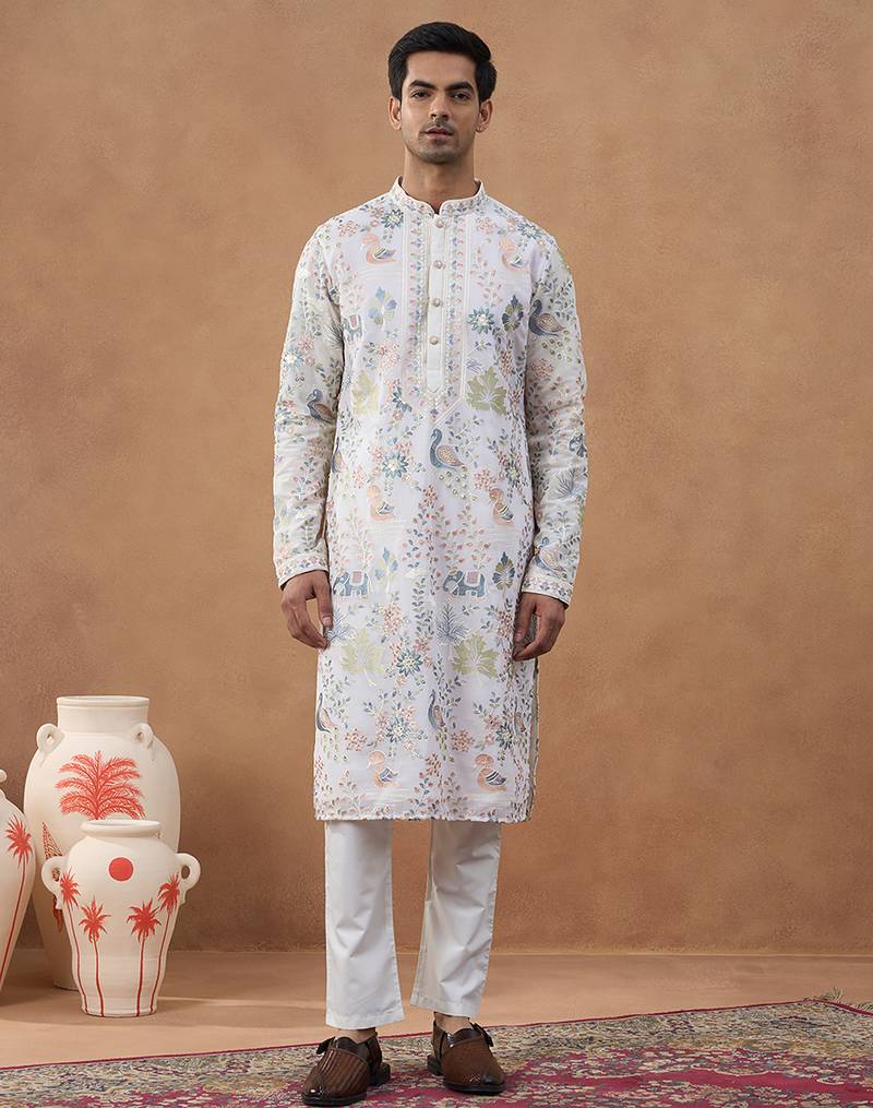 Beige cotton silk embroidered kurta for men's