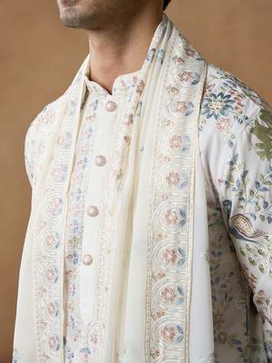 Beige cotton silk embroidered kurta for men's 2