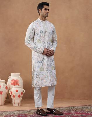 Beige cotton silk embroidered kurta for men's 3