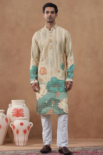 Beige cotton silk printed kurta for men's