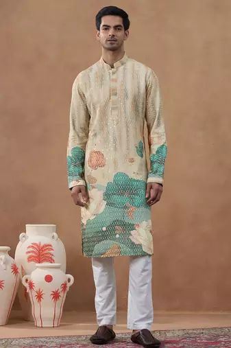 Beige cotton silk printed kurta for men's