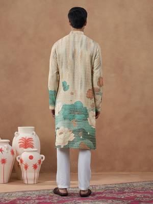 Beige cotton silk printed kurta for men's 4
