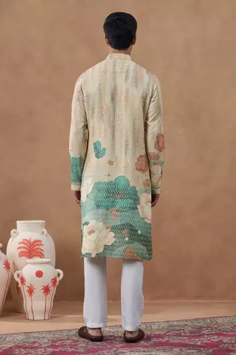Beige cotton silk printed kurta for men's