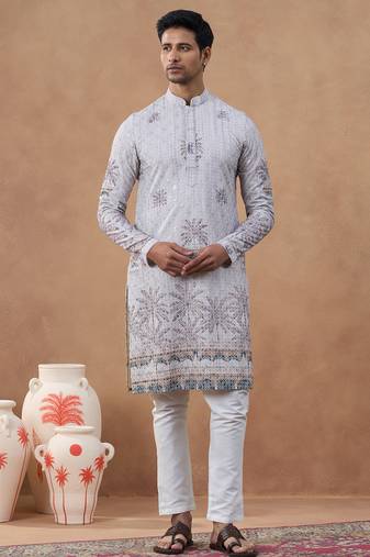 Grey cotton silk plain kurta for men's