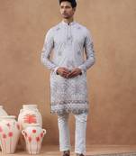 Grey cotton silk plain kurta for men's