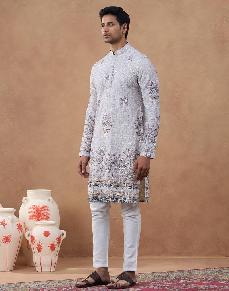 Grey cotton silk plain kurta for men's
