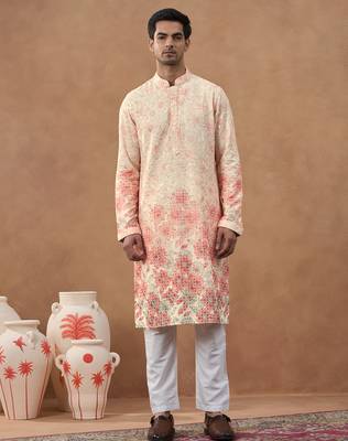 Beige cotton silk printed kurta for men's 1