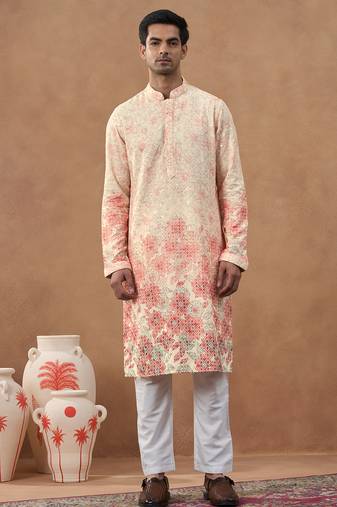 Beige cotton silk printed kurta for men's