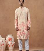 Beige cotton silk printed kurta for men's
