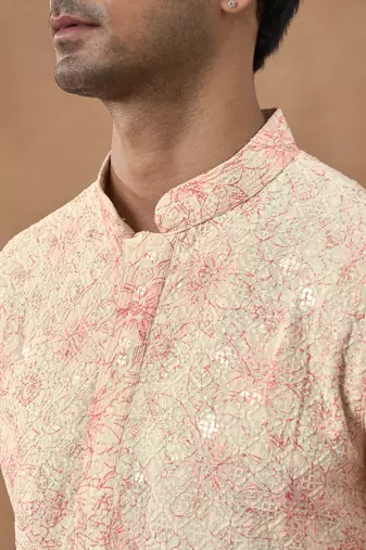 Beige cotton silk printed kurta for men's