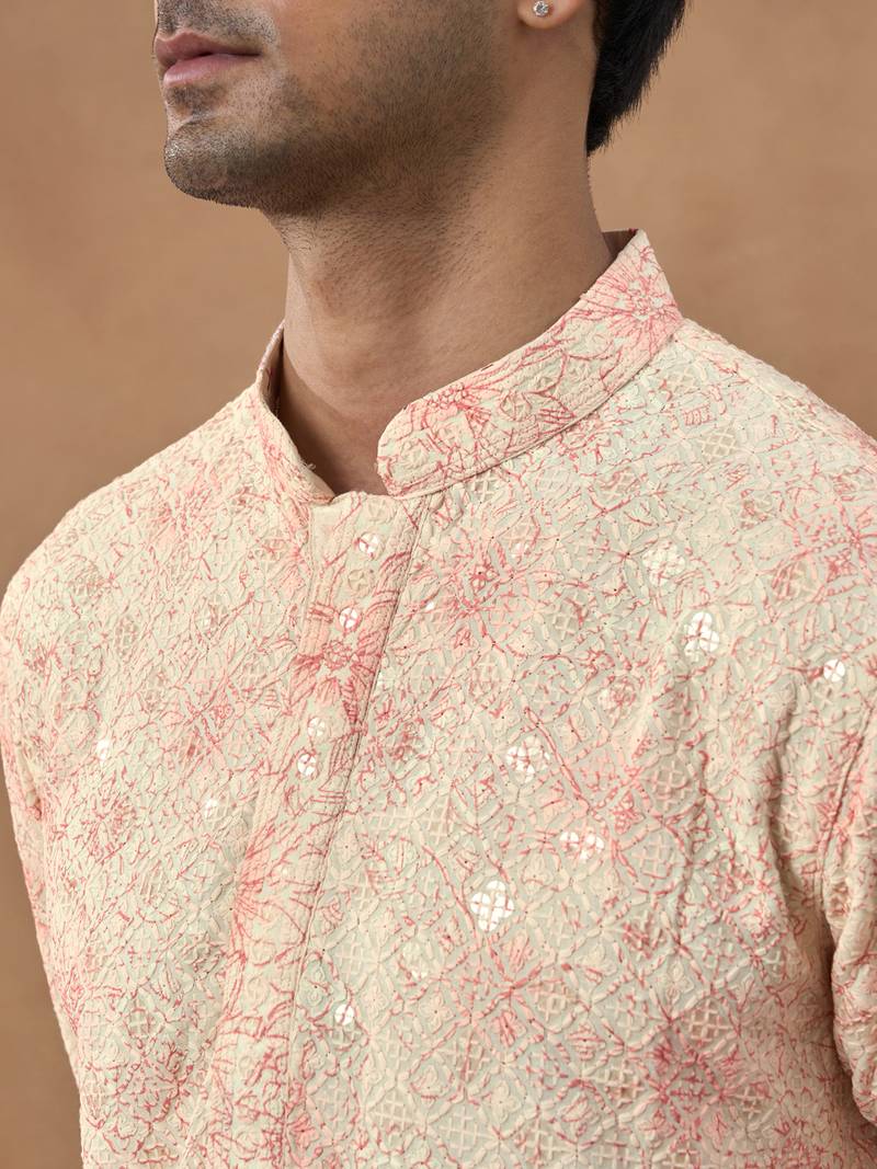 Beige cotton silk printed kurta for men's