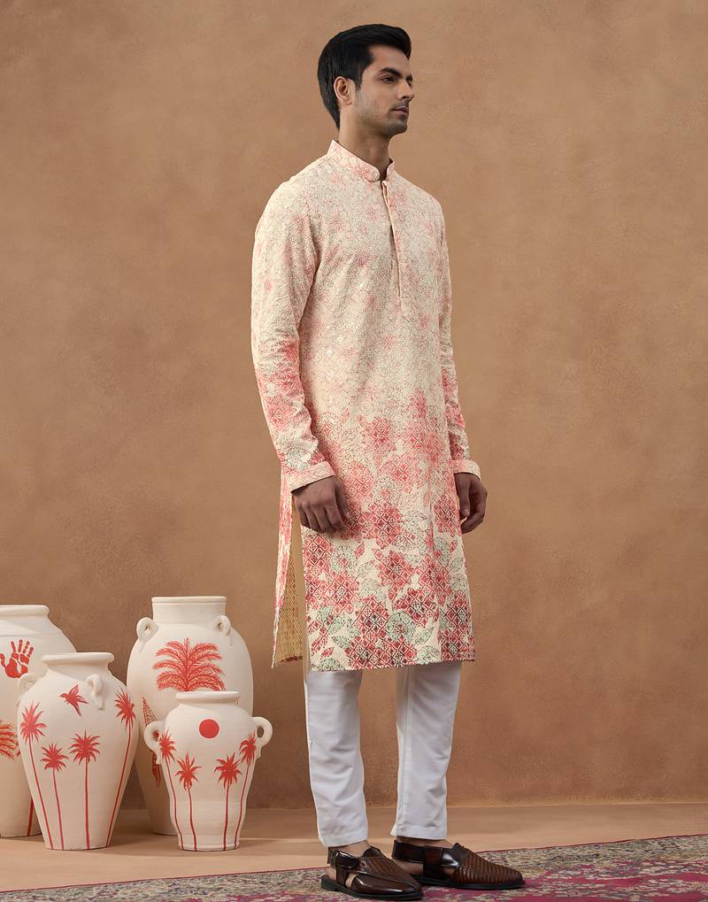 Beige cotton silk printed kurta for men's