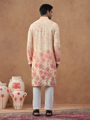 Beige cotton silk printed kurta for men's 4