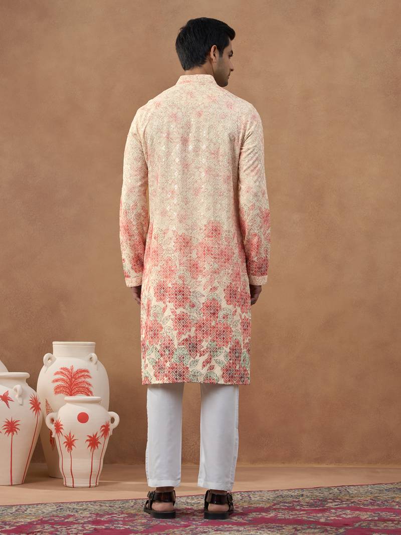 Beige cotton silk printed kurta for men's