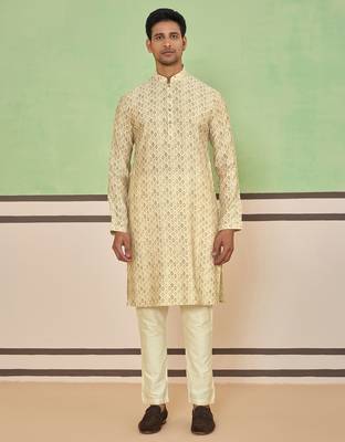 Beige cotton silk printed kurta for men's 1