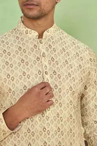 Beige cotton silk printed kurta for men's