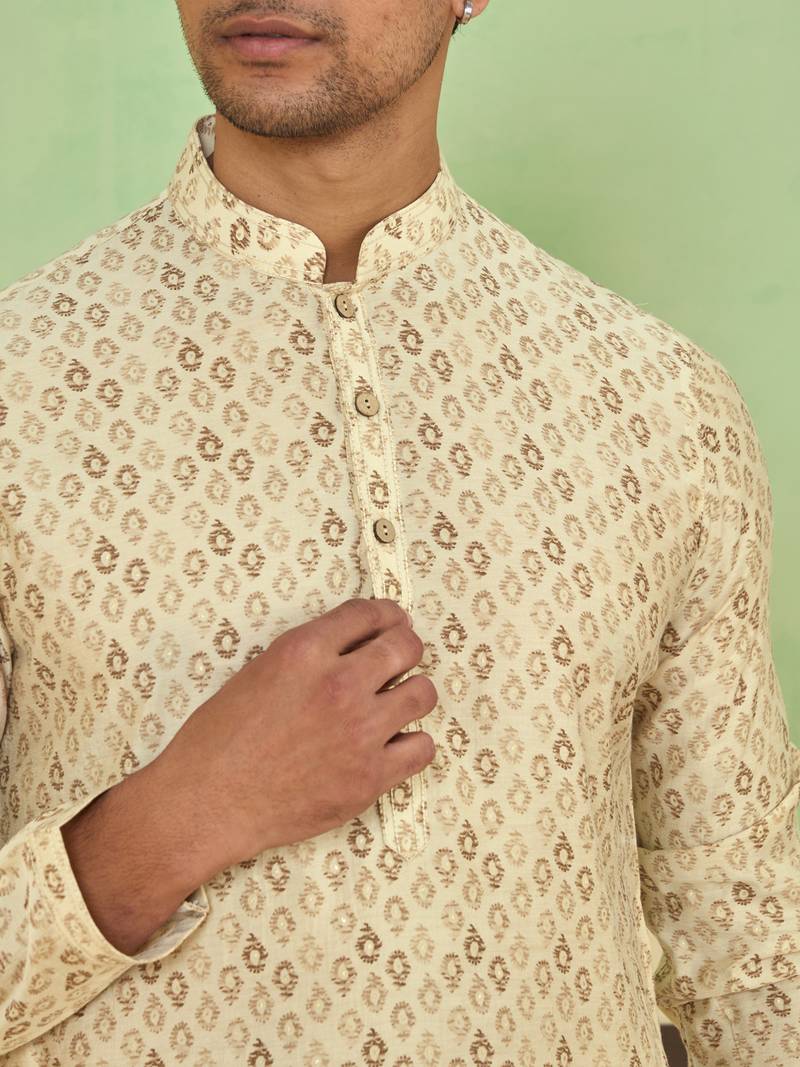 Beige cotton silk printed kurta for men's