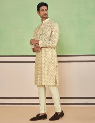Beige cotton silk printed kurta for men's 3