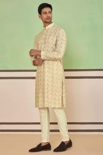 Beige cotton silk printed kurta for men's