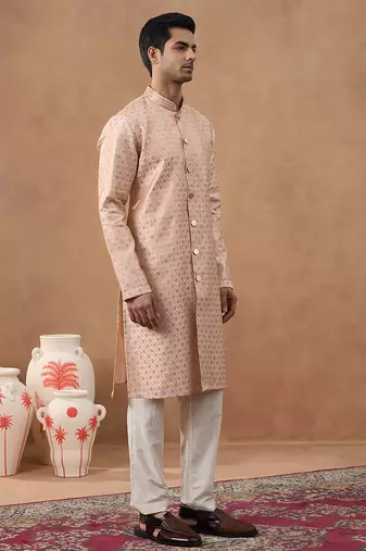 Pink cotton silk plain kurta for men's