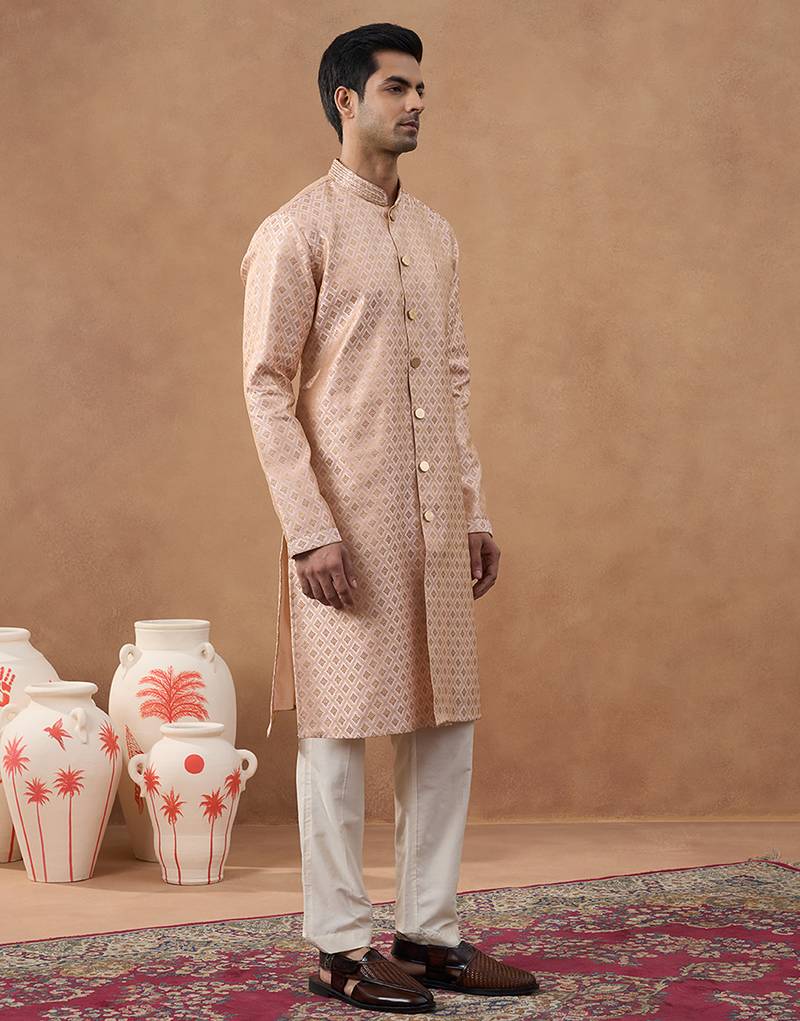 Pink cotton silk plain kurta for men's