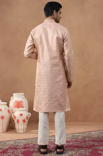Pink cotton silk plain kurta for men's