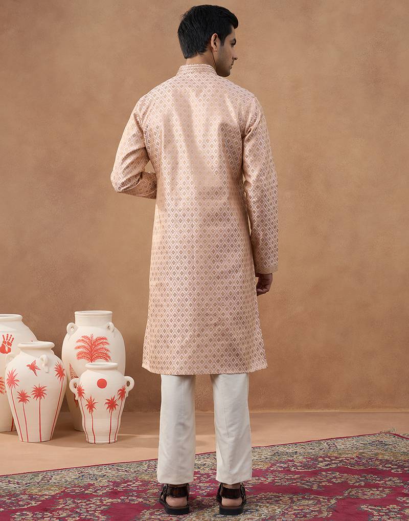 Pink cotton silk plain kurta for men's