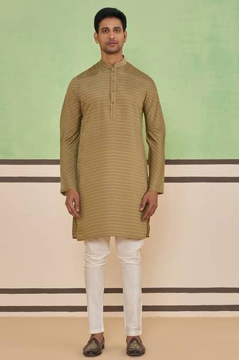 Brown cotton silk plain kurta for men's