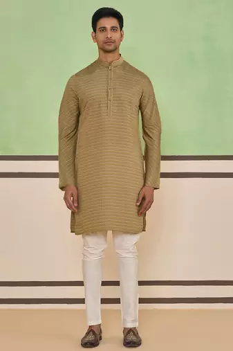 Brown cotton silk plain kurta for men's