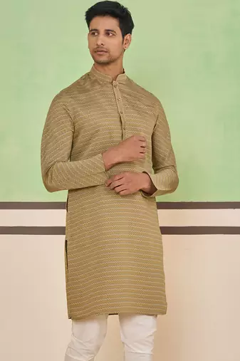 Brown cotton silk plain kurta for men's