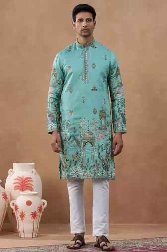 Green cotton silk embroidered kurta for men's
