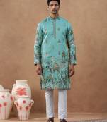 Green cotton silk embroidered kurta for men's