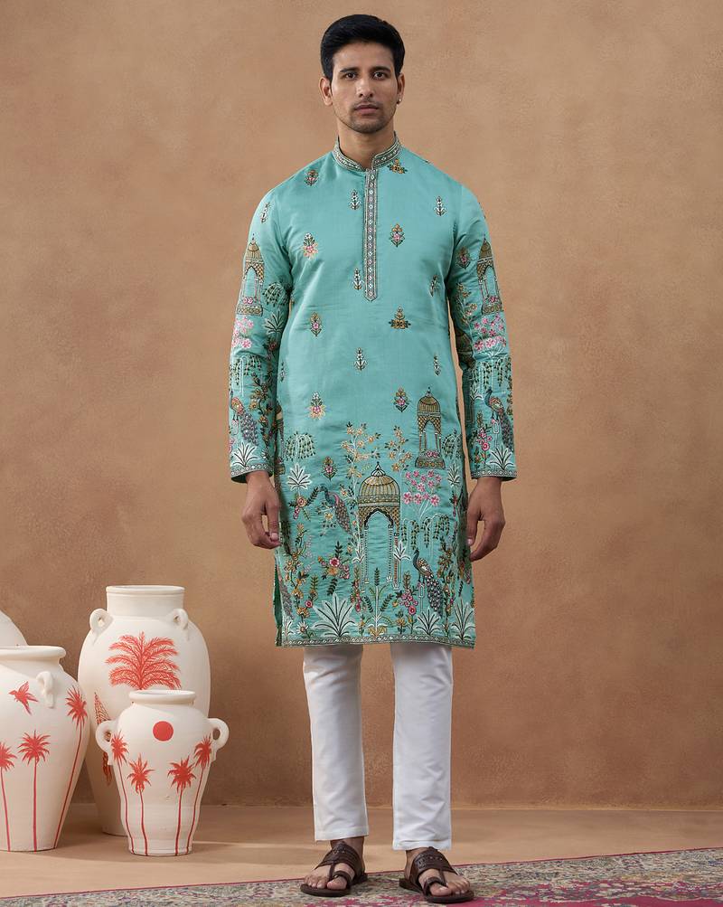 Green cotton silk embroidered kurta for men's